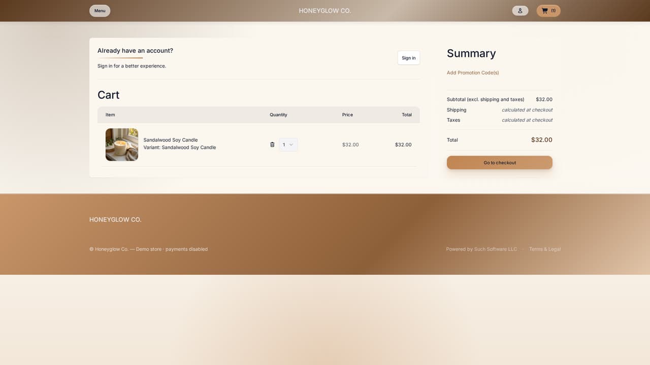 Honeyglow (artisan): Cart and checkout in-brand