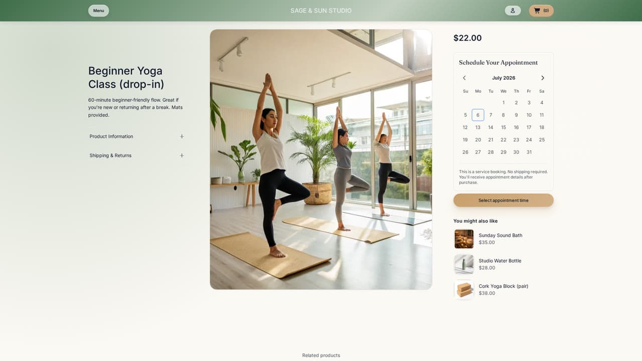 Sage & Sun (yoga): Book a class on a themed calendar